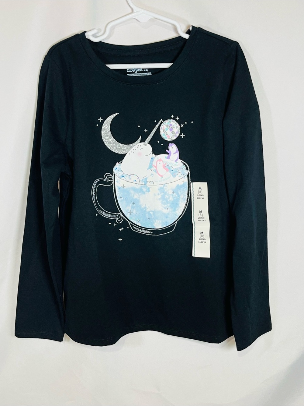 Cat & Jack Black Long-Sleeve Tee with Narwhal-in-Cup Graphic